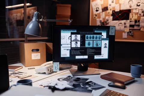 Computer with personal file on desk in detectives office Stock Photos