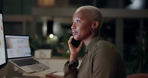 Computer, phone call and web design with woman developer in office at night for Stock Footage 280544035