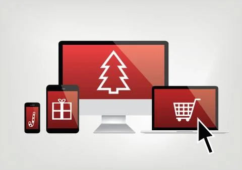 Computer, phone, laptop screens with christmas shopping icons and mouse arrow 库存插图