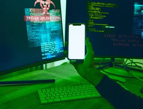 Computer, phone or hands with mockup for hacking, software programming or Foto stock
