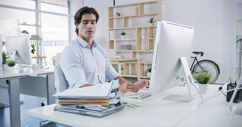 Computer, pile of documents and business man with work load for online project 写真素材