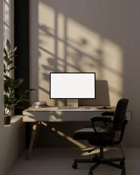 A computer placed on a table in a minimalist room with sunlight casting sha.. Illustrazione stock