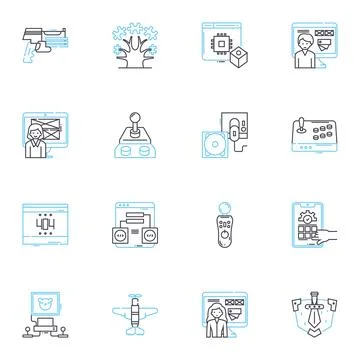 Computer play linear icons set. Gaming, Streaming, Simulations, Programming 스톡 일러스트