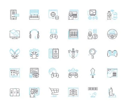 Computer play linear icons set. Gaming, Streaming, Simulations, Programming Illustrazione stock