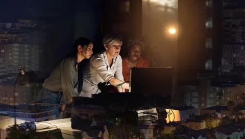 Computer, pointing and night team manager, mentor or CEO review trading Stock Photos