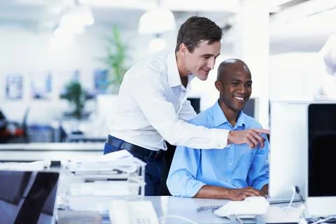 Computer, pointing and team with business people in office for bookkeeping,.. Photos