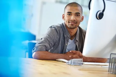 Computer, portrait and programming with graphic designer man at desk in off.. Foto stock