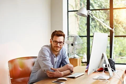 Computer, portrait and remote work with man in home office for planning, re.. 스톡 사진