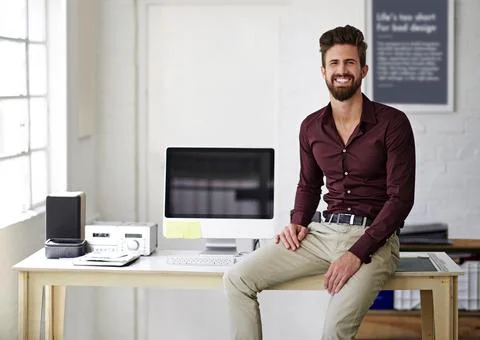 Computer, portrait and smile of web development man in office for administration Stock Photos