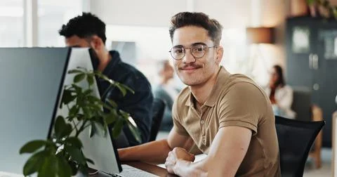 Computer, portrait and web development with man in creative workplace for coding Stock Photos