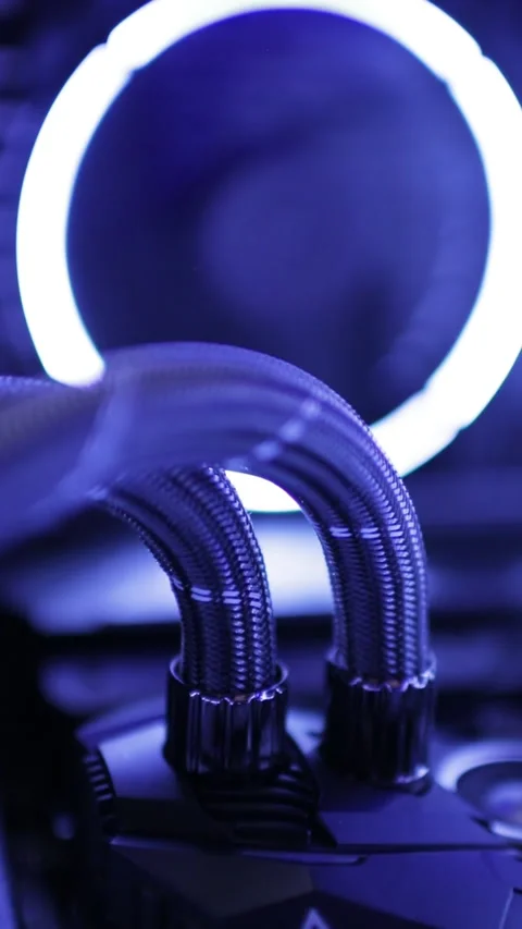 Computer power cables inside PC with flashing blue and white illumination Stock Footage 271171027