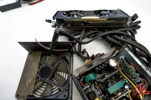 Computer power supply people with multiple electrical power outputs - Stock Photos