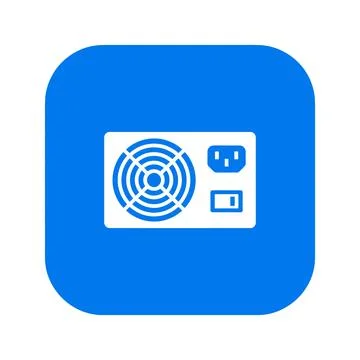 Computer power supply unit icon in white on a blue rounded square backgroun.. Stock Illustration