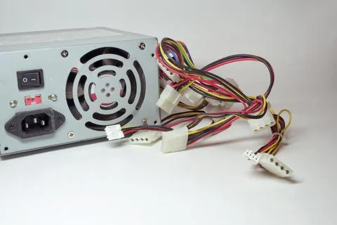 Computer power supply unit with many power cords for conneting to drives 库存照片