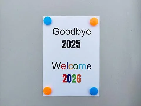Computer print Goodbye 2025 Welcome 2026 Stock-Fotos
