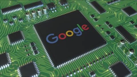 Computer printed circuit board or PCB with Google logo. Conceptual editorial 3D Illustrazione stock