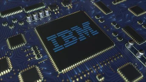 Computer printed circuit board or PCB with IBM logo. Conceptual editorial 3D 스톡 일러스트