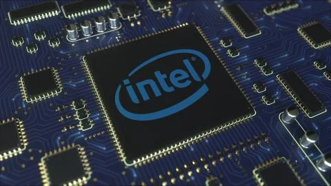 Computer printed circuit board or PCB with Intel Corporation logo. Conceptual Stock Illustration