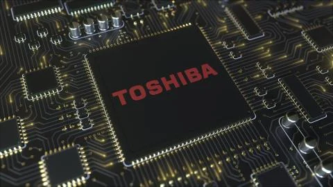 Computer printed circuit board or PCB with Toshiba Corporation logo. Conceptual Stock Illustration