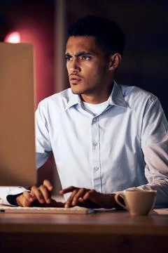 Computer problem, night office or man with financial crypto crisis, bitcoin Stock Photos
