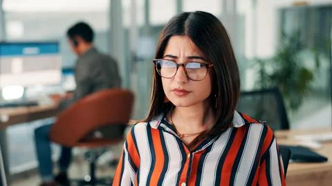 Computer, problem solving and reflection with business woman in coworking o.. Stock Photos
