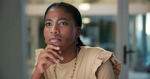 Computer, problem solving and thinking with business black woman in office at Stockfoto's