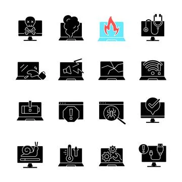 Computer problems black glyph icons set on white space Stock Illustration