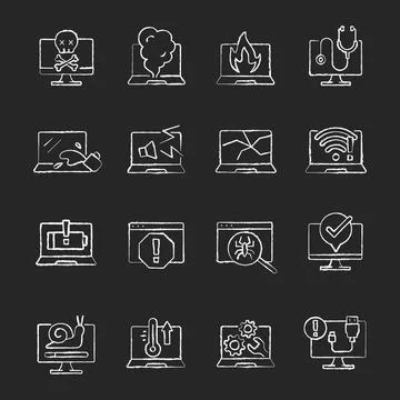 Computer problems chalk white icons set on black background Stock Illustration