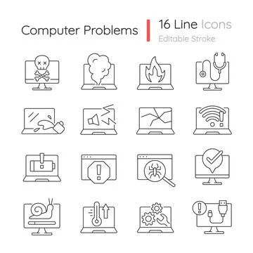 Computer problems linear icons set Stock Illustration