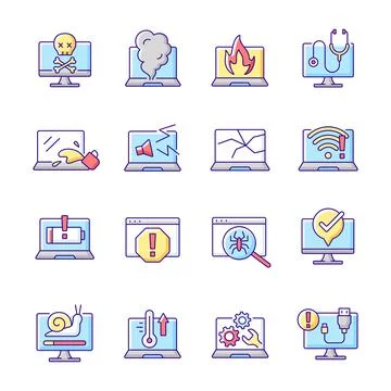Computer problems RGB color icons set Stock Illustration