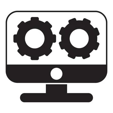 Computer processing data with two gears rotating on screen 스톡 일러스트