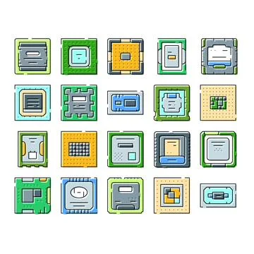 Computer processing unit microchips collection illustrating technology Ilustración de archivo