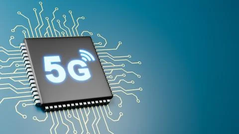 Computer Processor with 5G Text 3D Illustration on Blue Background with Copy  Stock Illustration