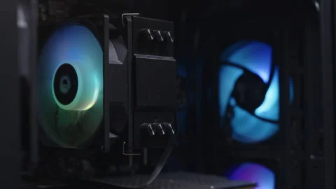 Computer Processor Air Coolers with Neon Light Working Close Up Stock Footage 269128245