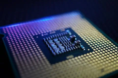 Computer processor back side with blue light 写真素材