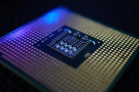 Computer processor back side with blue light 写真素材