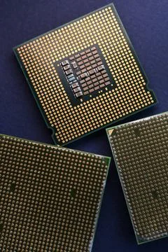 A computer processor on a blue background. Contacts on the processor case. 写真素材