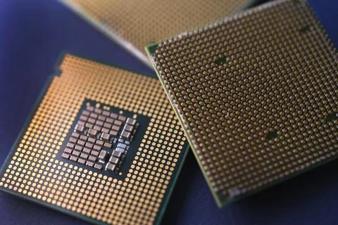 A computer processor on a blue background. Contacts on the processor case. 写真素材