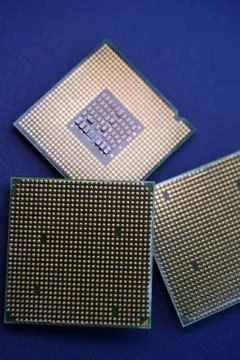 A computer processor on a blue background. Contacts on the processor case. 写真素材