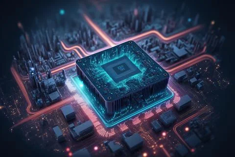 A Computer Processor With A Blue Light On Top Of It In A Cityscape With A Blue Stock Illustration