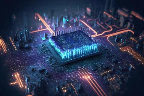 A Computer Processor With A Blue Light On Top Of It In A City At Night Time With Illustrazione stock