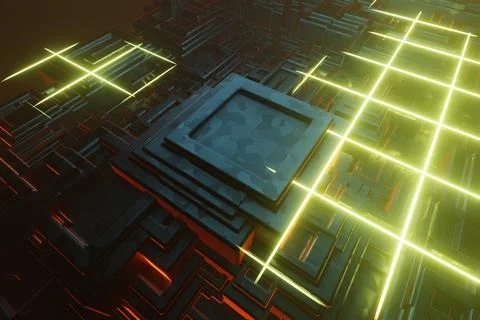 Computer processor chip on a circuit board with microchips. AI. Circuit board Stock Illustration