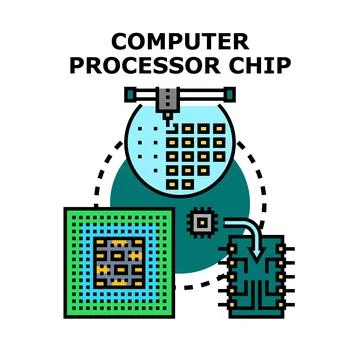 Computer processor chip development manufacturing assembly process Stock Illustration