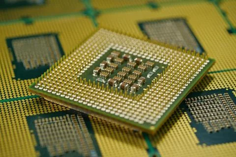 Computer processor close up highlighting micro pin architecture and design 스톡 사진