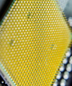 Computer processor, contact feet. Electronic board with electrical components 스톡 사진