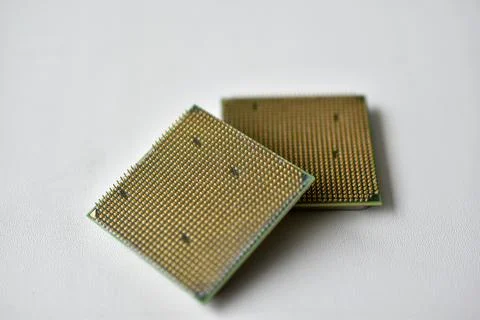 Computer processor with contact legs on a white background Foto stock