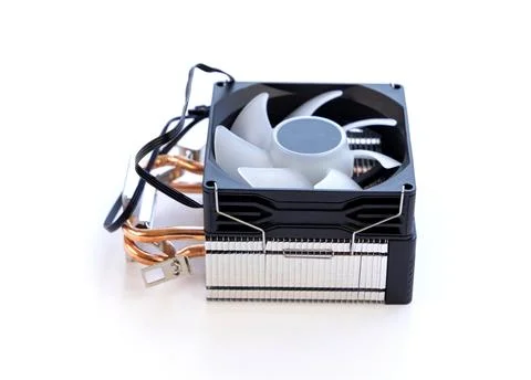 Computer processor cooling fan with copper heat pipes isolated 스톡 사진