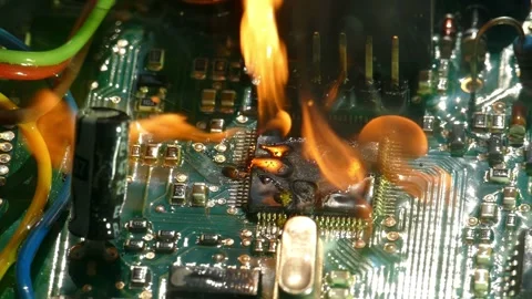 Computer processor fire 4K footage. Processor overheating. Stock Footage 243004484