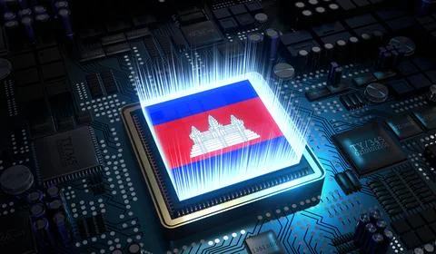 Computer processor with flag of Cambodia - 3D illustration Stock Illustration