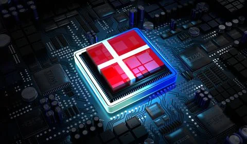 Computer processor with flag of Denmark - 3D illustration Illustrazione stock